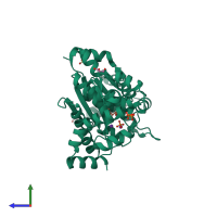 PDB entry 4qbt coloured by chain, side view.