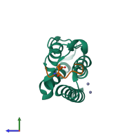 Hetero dimeric assembly 1 of PDB entry 4qc1 coloured by chemically distinct molecules, side view.