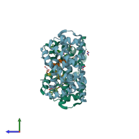 PDB entry 4qe8 coloured by chain, side view.