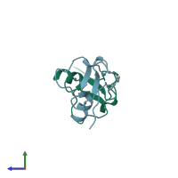 PDB entry 4qf3 coloured by chain, side view.