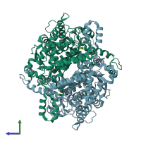 PDB entry 4qfh coloured by chain, side view.