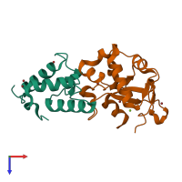 Hetero dimeric assembly 1 of PDB entry 4qko coloured by chemically distinct molecules, top view.