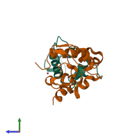 Hetero dimeric assembly 4 of PDB entry 4qko coloured by chemically distinct molecules, side view.