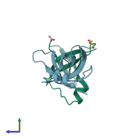 PDB entry 4ql5 coloured by chain, side view.