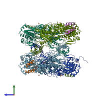 PDB entry 4qlb coloured by chain, side view.