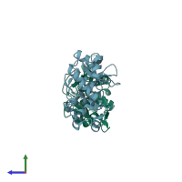 PDB entry 4qmd coloured by chain, side view.
