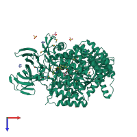 Monomeric assembly 1 of PDB entry 4qme coloured by chemically distinct molecules, top view.