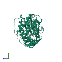 Monomeric assembly 1 of PDB entry 4qny coloured by chemically distinct molecules, side view.