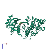 Monomeric assembly 1 of PDB entry 4qny coloured by chemically distinct molecules, top view.