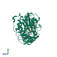 Monomeric assembly 2 of PDB entry 4qny coloured by chemically distinct molecules, side view.