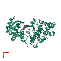 Monomeric assembly 2 of PDB entry 4qny coloured by chemically distinct molecules, top view.