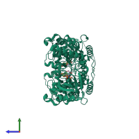 Homo dimeric assembly 3 of PDB entry 4qny coloured by chemically distinct molecules, side view.