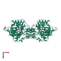 Homo dimeric assembly 3 of PDB entry 4qny coloured by chemically distinct molecules, top view.