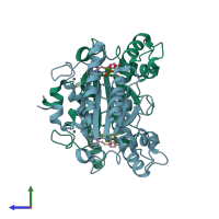 PDB entry 4qoj coloured by chain, side view.