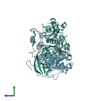 PDB entry 4qp1 coloured by chain, side view.