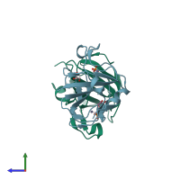 PDB entry 4qp5 coloured by chain, side view.