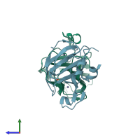 PDB entry 4qpb coloured by chain, side view.