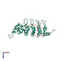 Hetero dimeric assembly 1 of PDB entry 4qqi coloured by chemically distinct molecules, top view.