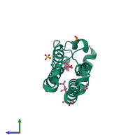 Monomeric assembly 1 of PDB entry 4qsr coloured by chemically distinct molecules, side view.
