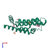 Monomeric assembly 1 of PDB entry 4qsr coloured by chemically distinct molecules, top view.
