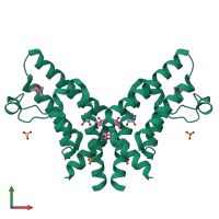 Homo dimeric assembly 2 of PDB entry 4qsr coloured by chemically distinct molecules, front view.