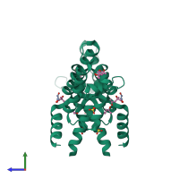 Homo dimeric assembly 2 of PDB entry 4qsr coloured by chemically distinct molecules, side view.