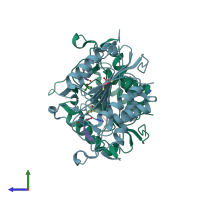 PDB entry 4quh coloured by chain, side view.