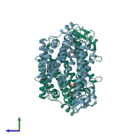 PDB entry 4quv coloured by chain, side view.