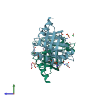 PDB entry 4qvb coloured by chain, side view.