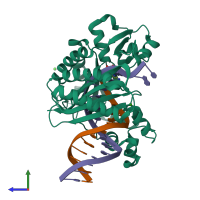 PDB entry 4qwd coloured by chain, side view.