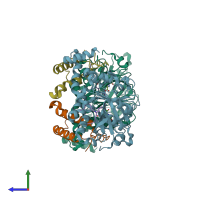 PDB entry 4qxb coloured by chain, side view.