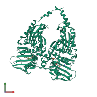 Homo dimeric assembly 1 of PDB entry 4r1f coloured by chemically distinct molecules, front view.
