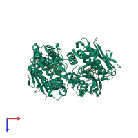 Homo dimeric assembly 2 of PDB entry 4r1f coloured by chemically distinct molecules, top view.