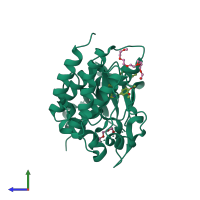 Monomeric assembly 1 of PDB entry 4r1y coloured by chemically distinct molecules, side view.
