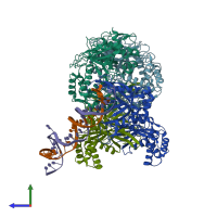 PDB entry 4r28 coloured by chain, side view.