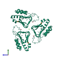 Homo trimeric assembly 1 of PDB entry 4r36 coloured by chemically distinct molecules, side view.