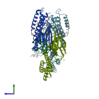 PDB entry 4r5l coloured by chain, side view.