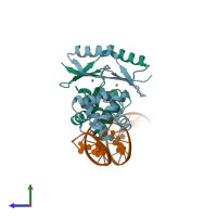 PDB entry 4rb1 coloured by chain, side view.