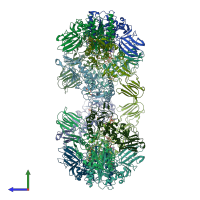 PDB entry 4rb4 coloured by chain, side view.