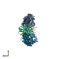 PDB entry 4rbu coloured by chain, side view.