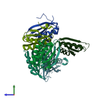 PDB entry 4rbv coloured by chain, side view.