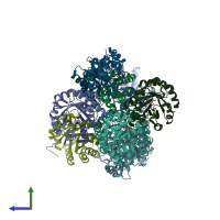 PDB entry 4rc1 coloured by chain, side view.