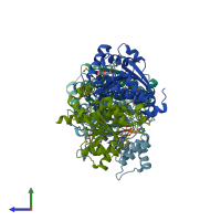 PDB entry 4rdi coloured by chain, side view.