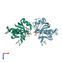 PDB entry 4rdn coloured by chain, top view.