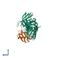 PDB entry 4rf1 coloured by chain, side view.