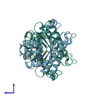 PDB entry 4rf3 coloured by chain, side view.