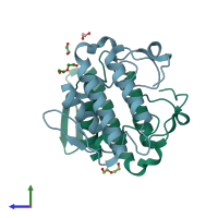 PDB entry 4rfp coloured by chain, side view.