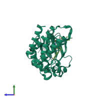 Monomeric assembly 1 of PDB entry 4rg0 coloured by chemically distinct molecules, side view.