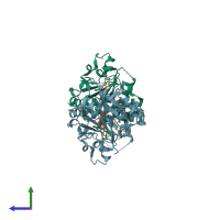 PDB entry 4rg1 coloured by chain, side view.