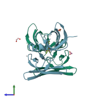 PDB entry 4rg2 coloured by chain, side view.